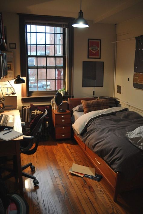 Vintage Bedroom Ideas For Men, Mens College Apartment, Dark Earth Tone Bedroom, Cozy Mens Bedroom, Interior Design Men’s Room, Masc Bedroom, Mens Room Ideas, Man Bedroom Ideas, Neat Room