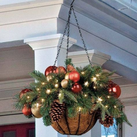 Christmas Hanging Baskets, Outdoor Christmas Diy, Dekoratívne Vence, Outside Christmas Decorations, Christmas Decorations Outdoor, Christmas Pots, Christmas Porch Decor, Christmas Decorations Diy Outdoor, Decorations Table