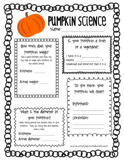 Pumpkins aren't just fun to carve, they can be a fun science activity too!  Yesterday we headed outdoors to do a little pumpkin investi... Pumpkin Activity, Pumpkin Investigation, Pumpkin Lessons, Pumpkin Science, Pumpkin Unit, Thanksgiving Activity, Halloween Science, Pumpkin Activities, Halloween Worksheets