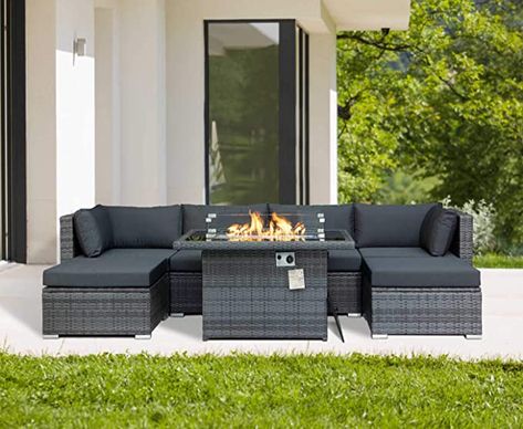 Patio Decorating Ideas With Fire Pit, Black Patio Cushions Outdoor, Patio Furniture With Fire Pit Table, Black Wicker Patio Furniture, Charcoal Cushions, Deck Sectional, Outdoor Sectional Couch, Outdoor Patio Area, Deck Fire Pit