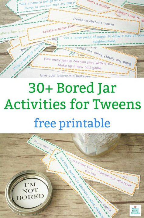 I'm bored! Print off our bored jar activities for tweens. A jar packed full of activities to keep kids engaged and having fun. Beat boredom!  #boredjarforkids #summeractivitiesforkids #stufftodowhenbored #thingstodowhenboredathome #boredjarfortweens #boredjarforteens #boredjarprintable Bored Jar Ideas, I'm Bored Jar, Jar Activities, Activity Jar, Jar Printable, Bored Jar, Bored Kids, Indoor Kids, Activities For Teens