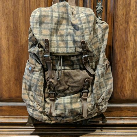 Brown Plaid 3 Snap Compartments Drawstring On Top And Snap To Close New Without Tags Leather Straps Brown Canvas Backpack, Vintage Brown Backpack Bag, Vintage Brown Backpack For Adventure, Vintage Brown Canvas Backpack, Brown Backpack With Zipper Pocket For On-the-go, Silly Clothes, Brown Plaid, Leather Straps, Gap