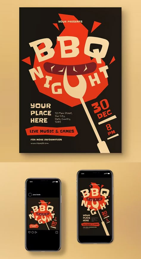 Modern BBQ Night Flyer Template AI, PSD + Instagram Post and Story Design Bbq Poster Design, Bbq Social Media, Fnb Logo, Picnic Layout, Cookout Flyer, Bbq Poster, Restaurant Flyer Design, Bbq Flyer, Advertisement Ideas