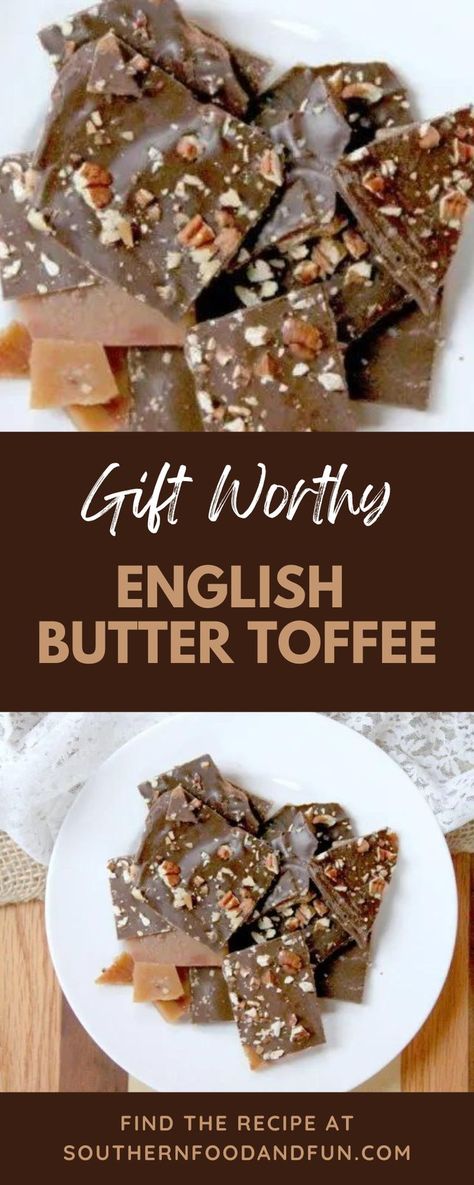 This Gift Worthy English Butter Toffee recipe is better than store bought, easy to make, and makes a great holiday food gift! Butter Toffee Recipe, Easy Candy Recipes, Toffee Recipe, Southern Desserts, Easy Butter, Butter Toffee, Homemade Sweets, Candy Recipes Homemade, Desserts For A Crowd