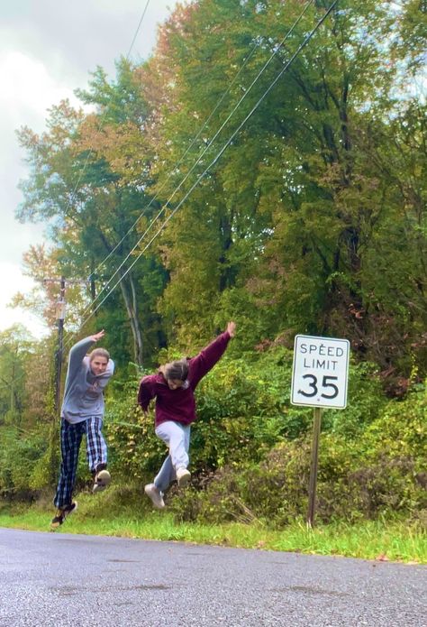 Chaotic best friends, running, upstate NY, New York, nature, rain, road, fun, fall, autumn, dream life, best friends, love, funny, chaotic, joke, teenage dream, season, aesthetic, what i want :) Chaotic Best Friends, Enfp And Entp, New York Nature, Rain Road, Best Friends Love, Nature Rain, Season Aesthetic, Funny Poses, Photo Recreation