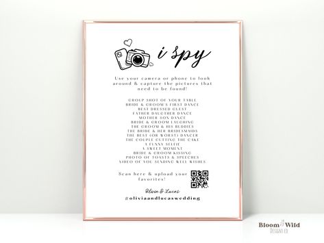 I Spy Wedding with QR Code Template, I Spy Wedding Game Hashtag, Editable Wedding Games Printable, Wedding Reception Photo Hunt Game, BW10 https://etsy.me/45pk198 #ispyweddinggame #weddingphotoqrcode #guestphotosharing #instragramwedding #weddinggameideas Qr Code For Wedding Photos, Wedding Ispy, I Spy Wedding Game, Qr Code Template, Spy Wedding, Wedding Qr Code, Wedding Game, I Spy Games, Games Printable