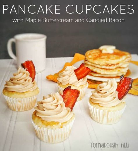 Four cupcakes spread out with stack of pancakes in background Samoa Bundt Cake, Sauerkraut Meatballs, Cupcake Pancakes, Egg Roll Stir Fry, Authentic Spaghetti, Pancake Cupcakes, South Your Mouth, Maple Buttercream, Pancakes And Bacon