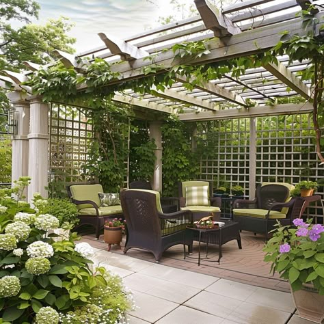 The 20 Best Pergola Design Ideas - Rhythm of the Home Pergola On Porch, Screened In Porch Pergola, Half Pergola Ideas, Enclosed Pergola Ideas, Courtyard Pergola, Yard Pergola, House Pergola, Patio Water Fountain, Pizza Garden