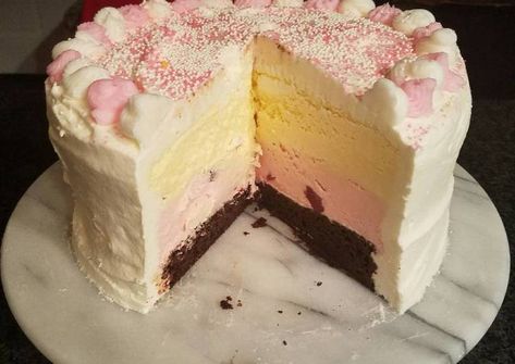 Pretty Ice Cream Cake, Pink Ice Cream Cake, Neapolitan Ice Cream Cake, Neopolitan Cake, Ice Cream And Cake, Dairy Queen Ice Cream Cake, Neapolitan Cake, Cornbread Cake, Easy Ice Cream Cake