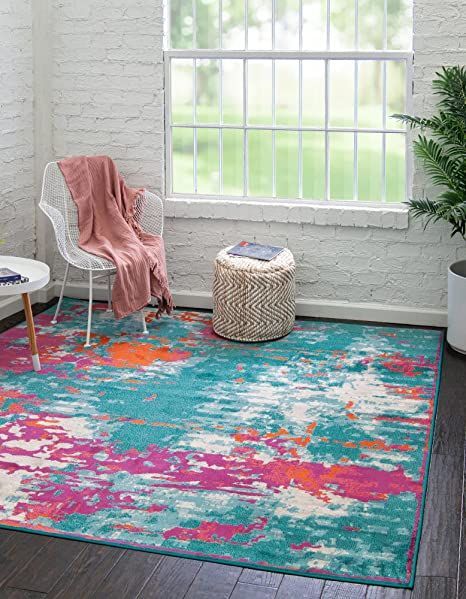 Unique Loom Azalea Collection Area Rug - Kyushu (Square 7' 10" x 7' 10", Ivory/Beige) Pink And Orange Bedroom, Modern Colours, Colourful Designs, Turquoise Rug, Bedroom Rugs, Square Area Rugs, Bed In Living Room, Chic Pattern, Kyushu