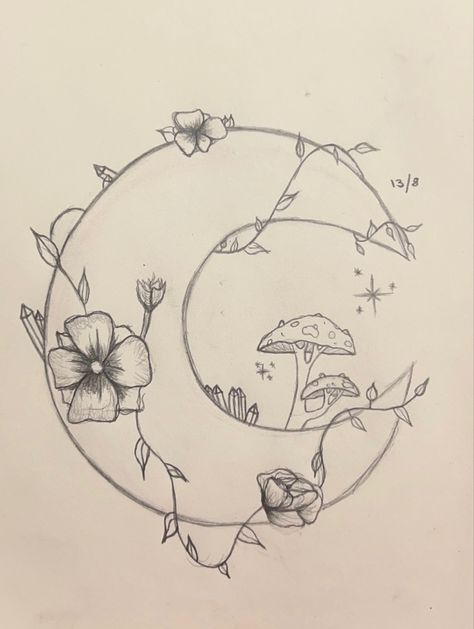 Moon And Plants Drawing, Floral Moon Drawing, Moonflower Drawing, Drawing Ideas Moon, Crescent Moon Drawing, Easy Whimsical Drawing Ideas, Vine Drawing, Mirror Drawings, Moon Drawings