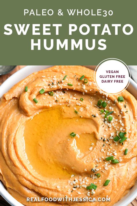 This Paleo Whole30 Sweet Potato Hummus is easy to make, creamy, and so delicious. Legume free, dairy free, vegan, and low FODMAP. #dairyfree #vegan #lowfodmap #paleo #whole30 | realfoodwithjessica.com @realfoodwithjessica Sweet Potato Hummus Recipe, Paleo Hummus, Whole30 Sweet Potato, Potato Hummus, Whole 30 Snacks, Sweet Potato Hummus, Cooking Sweet Potatoes, Paleo Snacks, How To Eat Paleo