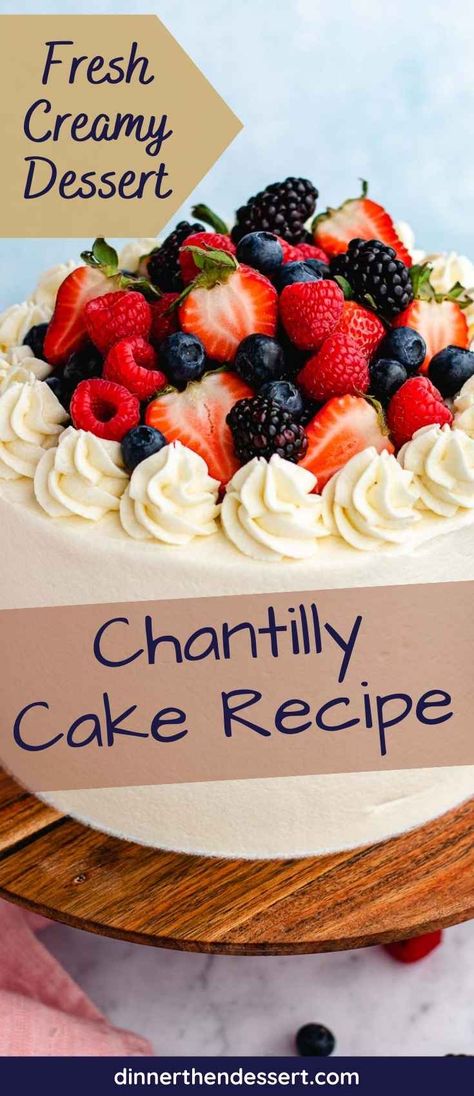 Chantilly Cake is a dreamy dessert with layers of moist vanilla cake topped with simple syrup, sweetened cream frosting, and fresh berries. Chantilly Cake With Berries, Chantilly Bar Cake, Chantilly Berry Cake Recipe, Strawberry Cake With Chantilly Cream, Chantilly Cake Recipe Box Cake, Best Chantilly Cake Recipe, Chantelle Cake Recipe, Vanilla Cake With Berries, Fruit Chantilly Cake