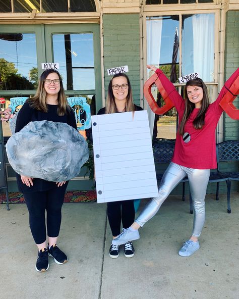 Rock paper shears halloween costume Rock Paper Scissors Halloween Costumes, Diy Rock Paper Scissors Costume, Rock Paper Scissors Costume Diy, Scissors Costume, Rock Paper Scissors Costume, Witches And Warlocks, 3 People Costumes, Halloween Costumes Diy, Twin Halloween