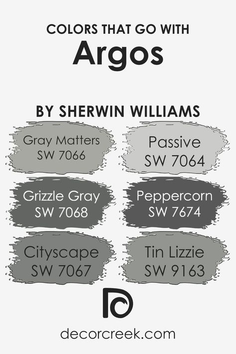 Colors that Go With Argos SW 7065 by Sherwin Williams Argos Sherwin Williams, Gray Paint Colors Sherwin Williams, Grizzle Gray, Colours That Go With Grey, Tin Lizzie, Best Gray Paint Color, Light Grey Paint Colors, Worldly Gray, Grey Wall Color