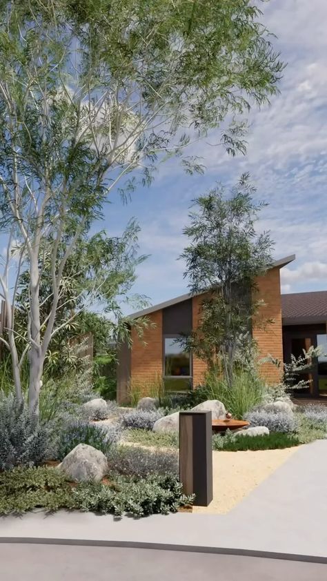 Biodiverse Garden Design: Kate and Jono | A low-maintenance, wildlife-attracting facelift for this property in Werribee 🦜🦋✨. When we first met our client, she was overwhelmed by h… | Instagram Columnar Trees, Timber Posts, Gravel Garden, Front Landscaping, Outdoor Gardens Design, Native Garden, Low Maintenance, Drought Tolerant, Facade House