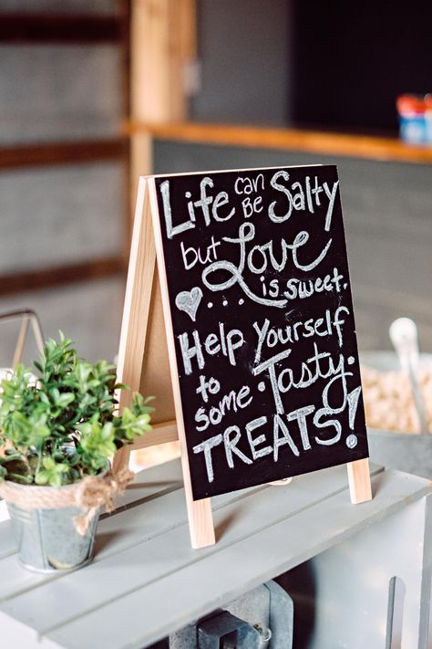 Sweet and Salty Bar at my wedding! Salty Bar Wedding Snacks, Sweet And Salty Dessert Table, Candy Bar At Wedding Reception, Sweet And Salty Wedding Bar, Sweet And Salty Bar Wedding, Treat Bar Wedding, Salty Bar Wedding, Wedding Snack Bar, Salty Bar