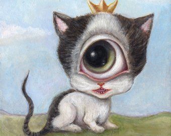 Creepy Cute Original Art & Jewelry from Wibbley by WibbleyWorld One Eyed Cat Drawing, Weird Paintings, One Eyed Cat, Wicked Art, Silly Kitties, Doodle Bugs, Juicy Lucy, Eye Ball, Painted Glasses