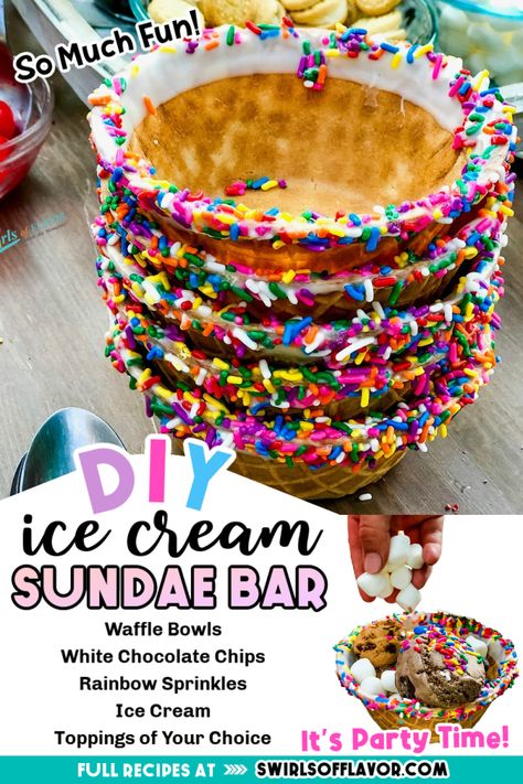 Make your own Ice Cream Sundae Bar with Rainbow Dipped Waffle Cups! Waffle cups are dipped in melted chocolate and then rainbow sprinkles for a fun edible waffle bowl for your ice cream and your favorite ice cream sundae bar toppings.