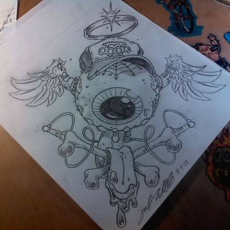 Jeral Tidwell on Instagram: “Tattooed flyin eyeball sketch for a new painting. #eyeball #flyineyeball #tattoo #sketch #wings #drawing #teeth #truckerhat #sparkplugs…” Eyeball Sketch, Flying Eyeball Tattoo, Drawing Teeth, Flying Eyeball Art, Tattoo Art Drawings Sketches, Eyeball Drawing, Flying Eyeball, Eyeball Tattoo, Skull Stencil