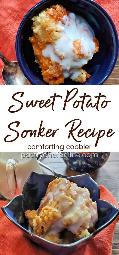 #sponsored A sonker is a cobbler by any other name, but a sweet potato sonker is local to Surry County NC. Served with "milk dip," a sauce made of milk and sugar thickened with a bit of flour, it's about as old-fashioned as it gets. And if you can't find fruit, this sweet potato option makes a comforting dessert. #sonker #cobblerrecipe #sweetpotatodessert #sweetpotatosonker #pastrychefonline #northcarolinarecipe #springsweetsweek Macaroni And Cheese Southern, Deviled Eggs Southern, Sonker Recipe, Banana Pudding Southern, Southern Chicken And Dumplings, Sweet Potato Cobbler, Spring Sweets, Southern Dessert Recipes, Southern Recipes Desserts