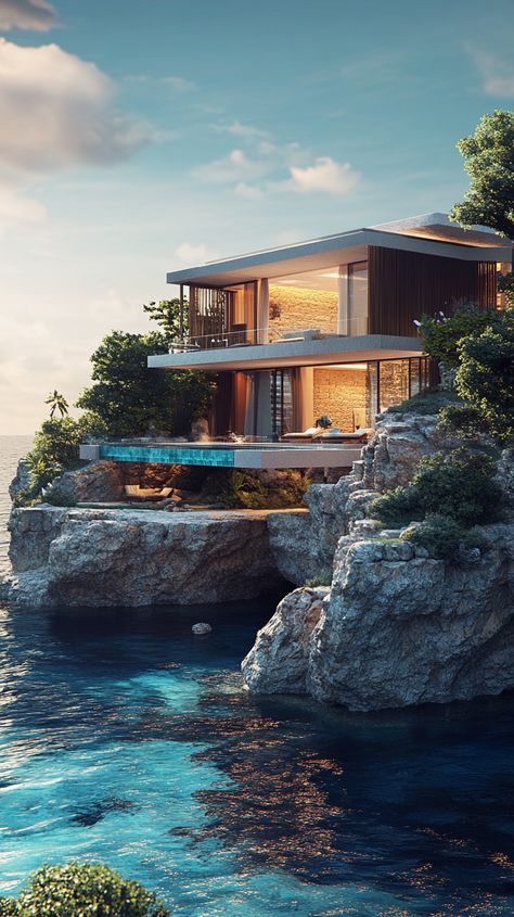 Luxurious Villa on a Cliff with Stunning Ocean Views Luxurious Villa, Lake Homes, Amazing Homes, Ocean Views, House Designs, Coastal Living, Ocean View, Breathtaking Views, Beautiful Beaches