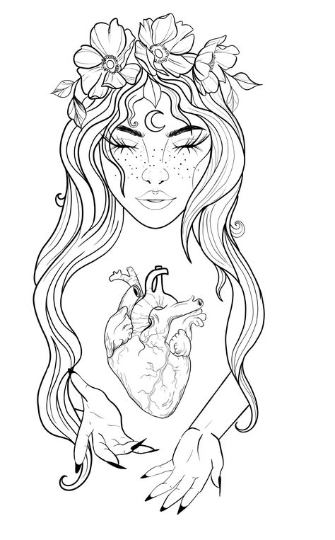 Persephone Drawing Greek Mythology, Persephone Art Drawing, Fine Line Tattoo Stencil, Aphrodite Tattoo Design, Goddess Coloring Pages, Goddess Drawing, Rockabilly Tattoos, Mystical Tattoos, Manga Coloring Book