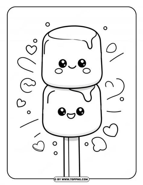 Marshmallows stick Kawaii Coloring page Cute Snacks Drawing, Marshmallow Drawing, Marshmallow Art, Marshmallow Sticks, Stick Drawings, Cute Marshmallows, Body Template, Drawing Guide, Cute Snacks