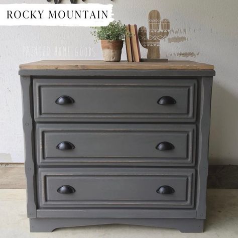 Rocky Mountain - A Deep Charcoal Grey Chalk Style Furniture Paint by Country Chic Paint | Painted furniture colors, Country chic paint, Painted furniture Grey Painted Dresser, Furniture Colors, Dining Hutch, Painted Night Stands, Gray Chalk Paint, Country Chic Paint, Next Furniture, Painted Furniture Colors, Beauty Room Decor