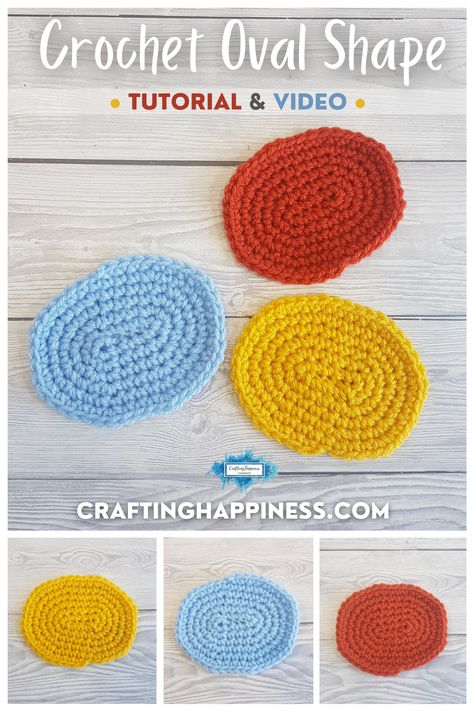 Free crochet pattern for a basic crochet oval in any size you want. Easy beginner crochet tutorial and video from Crafting Happiness. Crochet Oval Eyes Free Pattern, Crochet Oval Eyes, Labubu Crochet Pattern, Crochet Shapes Flat, Oval Crochet Pattern, Crochet Oval Pattern, Crochet An Oval, Crochet Blanket Round, Crochet Oval