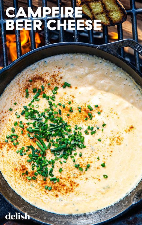 Meals Over A Campfire, Skillet Beer Cheese Dip, Skillet Beer Cheese, Campfire Soup, Beer Cheese Recipe, Cheese Sauces, Beer Dip, Beach Recipes, Savory Dips