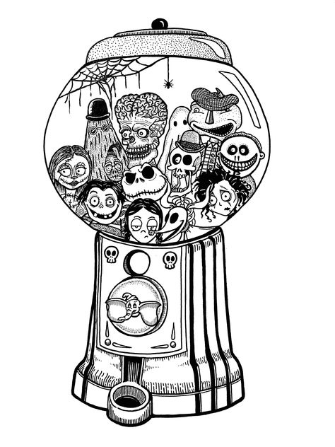 A gum ball machine housing all of my favourite characters and reminders of Tim Burtons best (and worst) films Tim Burton Drawings, Tim Burton Tattoo, Tim Burton Art, Tim Burton Films, Spooky Tattoos, Halloween Tattoo, Halloween Tattoos, Flash Art, Beetlejuice