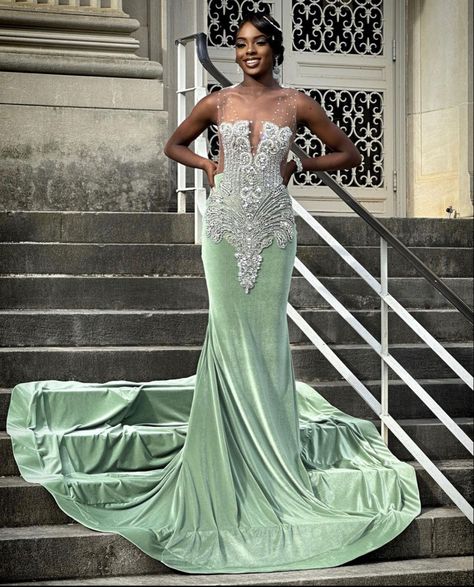 Glamorous Mermaid Dress With Sweep Train For Pageant, Prom Dress Black Women, Prom Dress With Cape, Sage Green Prom, Flare Long Skirt, Sage Green Prom Dress, Green Prom Dress Long, Prom Dress Sparkly, Mint Green Prom Dress