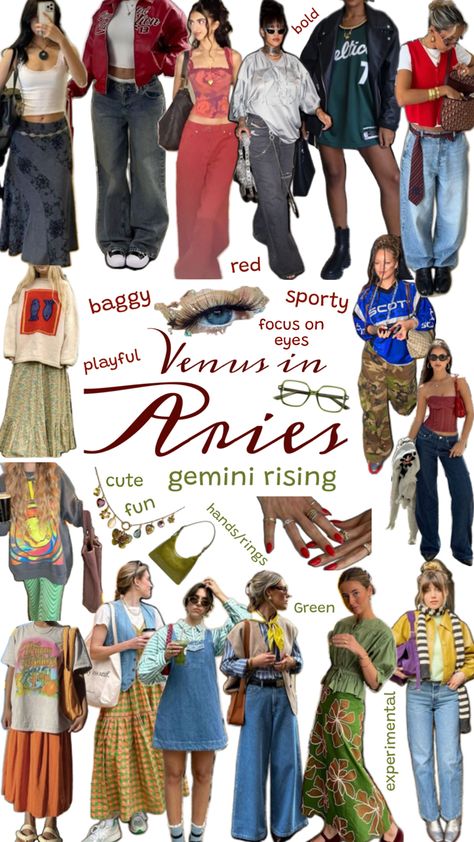 Venus in Aries Gemini Rising Outfit Style Moodboard Aries Outfits, Venus In Aries, Venus Clothing, Venus In Gemini, Aries And Gemini, Gemini Rising, Style Moodboard, Outfit Style, New Outfits