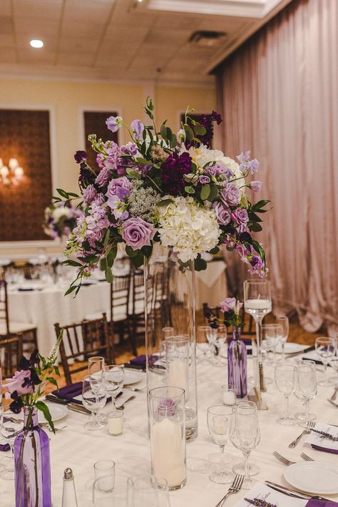 Dana Lewis Photo Purple Wedding Arrangements, Purple Wedding Flowers Centerpieces, Ivory Wedding Theme, Wedding Lilac, Cheescake Recipe, Violet Wedding, Purple Table, Grand Ballroom, Wedding Color Inspiration