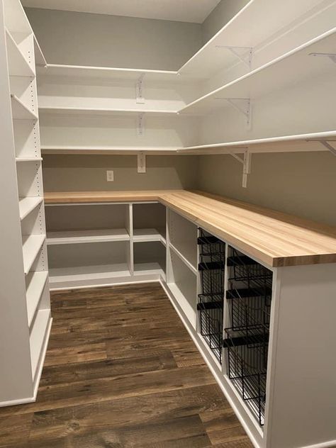 Walk In Pantry With Countertop And Wine Fridge, Farmhouse Pantry Design Walk In, Walk In Pantry Storage Ideas, Walk In Pantry And Laundry Room Combo, L Shape Pantry Ideas, Walk In Pantry Remodel, L Shaped Pantry Design, Pantry Room Ideas Walk In, Walk In Pantry With Freezer