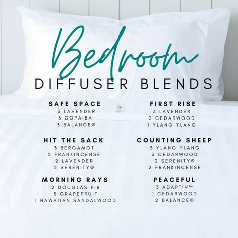 Relaxing Bedroom Diffuser Blends, Bed Time Essential Oil Blends, Clean Bedroom Diffuser Blend, Diffuser Blends For Bedroom, Bedroom Oil Blends, Bed Spray Essential Oils, Bedroom Diffuser Blends, Bedtime Diffuser Blends, Bedroom Diffuser