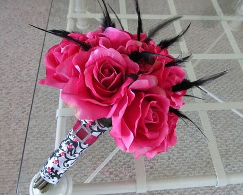 Fuschia rose wedding bouquet with feathers by MyFavorsandFlowers, $95.00 Wedding Bouquet With Feathers, Bouquet With Feathers, Zebra Wedding, White Rose Bridal Bouquet, Prom Bouquet, Geeky Wedding, Rose Bridal Bouquet, Corsage Prom, Wedding Vows Renewal