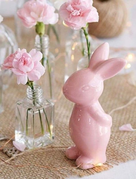 Pastel Easter Decorations, Pink Easter Decor, Bunny Cottage, Easter Event, Pastel Easter, Bunny Figurine, Pink Easter, Pink Bunny, Coloring Easter Eggs