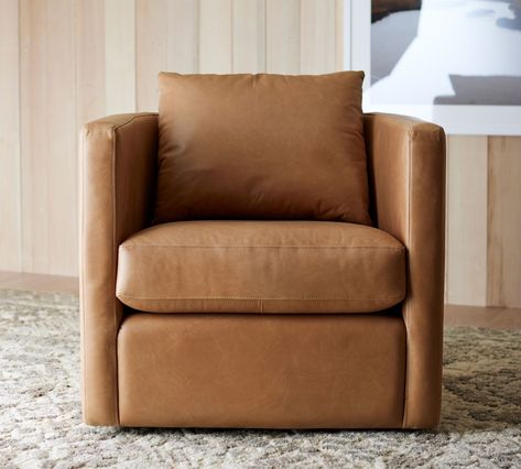 Ayden Barrel Leather Swivel Chair | Pottery Barn Room Sofa Chair, Traditional Armchairs, Fireplace Room, Family Room Sofa, Leather Swivel Chair, Chair Designs, Leather Chairs, Leather Repair, Leather Sofas