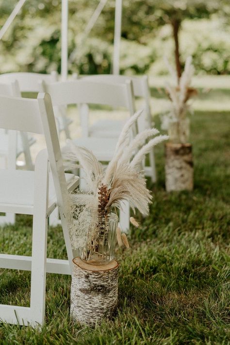 Rustic Ceremony Decor Outdoor Weddings, Rustic Isle Decorations, Wedding Aisle Decorations Wood Stumps, Rustic Wedding Aisle Decor, Small Barn Wedding, Ceremony Aisle Decor Outdoor, Aisle Decorations Wedding Outdoor, Outdoor Wedding Aisle Ideas, Isle Decorations Wedding