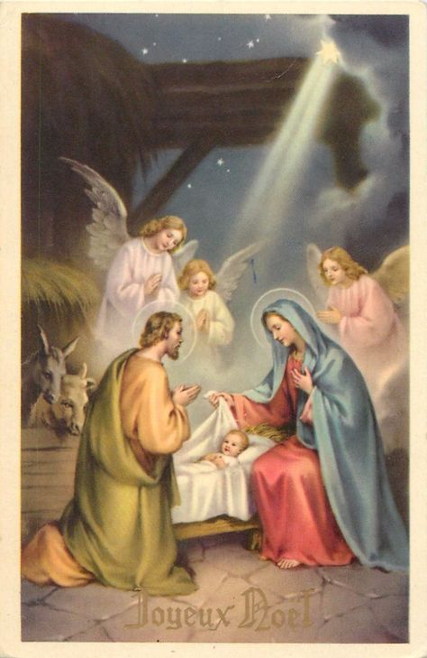 HOLY Family nativity fantasy angels Joyeux Noel greetings - $6.00. A1039 332466885486 Nativity Of Jesus, Vintage Christmas Images, Merry Christmas Wishes, Blessed Mother Mary, Christmas Nativity Scene, Jesus Christus, Birth Of Jesus, Religious Christmas, Christmas Scenes