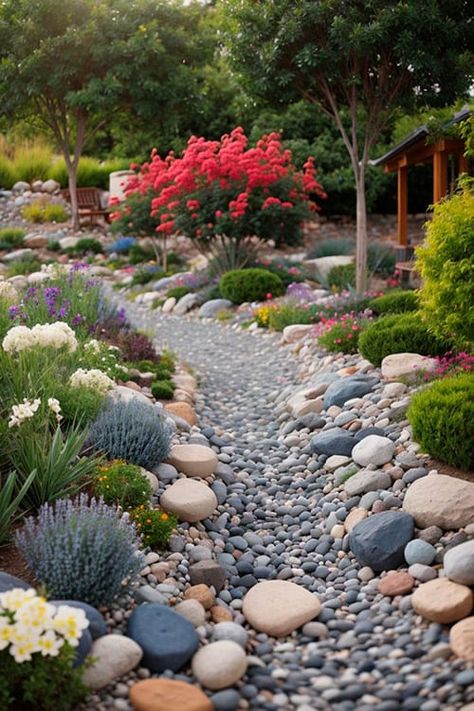 Diy Rain Garden, Front Yard Drought Tolerant Landscaping, Dry River Bed Landscape, Dry Creek Bed Landscape, River Bed Landscaping Ideas, Front Yard Drought Tolerant, Dry River Bed Landscaping, River Bed Landscaping, Stream Landscaping