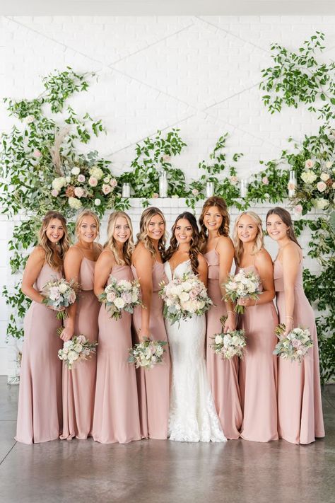 Blush bridesmaid dresses with white and green florals Blush Bridesmaids, Pink Wedding Theme, Bridesmaid Colors, Blush Bridesmaid Dresses, Blush Pink Wedding, Blush Pink Weddings, Pink Bridesmaid Dresses, Bridesmaid Dress Colors, Wedding Theme Colors