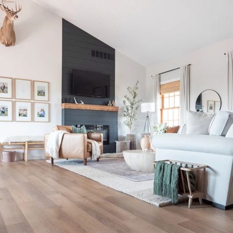 75 Vaulted Ceiling Living Room with a Shiplap Fireplace Ideas You'll Love - December, 2023 | Houzz Layered Rugs Living Room, Faux Fireplace Diy, Faux Fireplace, Luxury Vinyl Plank Flooring, Neutral Living Room, Transitional Living Rooms, Home Fireplace, Living Room With Fireplace, Living Room Inspo