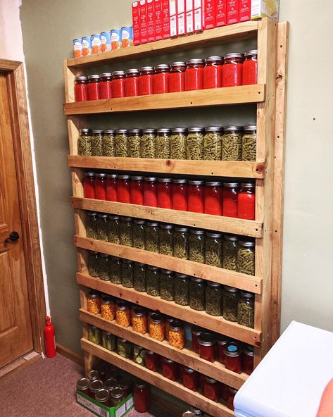 Can Storage Cabinet, Mason Jar Shelves, Canning Shelf Diy, Canned Jar Storage Ideas, Food Storage Shelving, Canning Display Ideas, Canning Cabinet Storage, Canning Room Storage, Homestead Pantry Ideas