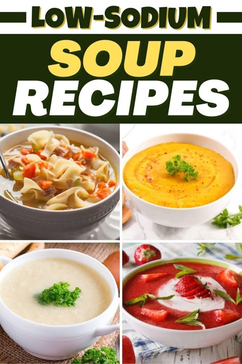 These low-sodium soup recipes may lack salt, but they certainly don't lack flavor! From French onion to tomato to cream of mushroom, you'll love these easy soup recipes. Low Sodium Crock Pot Soup, Low Sodium Cream Of Mushroom Soup, Low Sodium Egg Drop Soup, Low Sodium French Onion Soup, No Salt Soup Recipes, Low Sodium Chicken Soup Recipes, Salt Free Soup Recipes, Low Sodium Soups Recipe, Low Sodium Soup Recipe Healthy