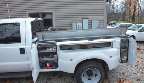 Truck cabinets, four on each side-SR Utility Truck Beds, Utility Bed, Camo Truck, Custom Wheels Trucks, Welding Trucks, Truck Organization, Trucks Lifted, Truck Bed Storage, Pickup Truck Accessories