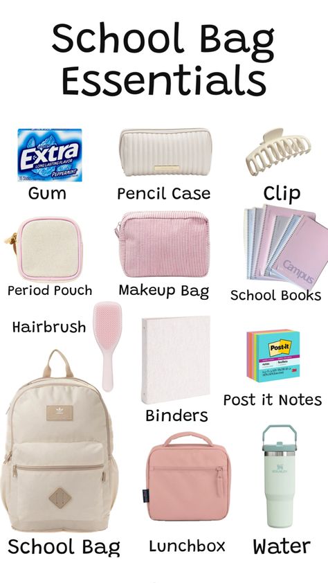 #backtoschool #schoolbag #packing Schoolbag Essentials, School Bag Essentials, Bag Essentials, School Books, Essential Bag, Post It Notes, School Bag, Pencil Case, Peppermint