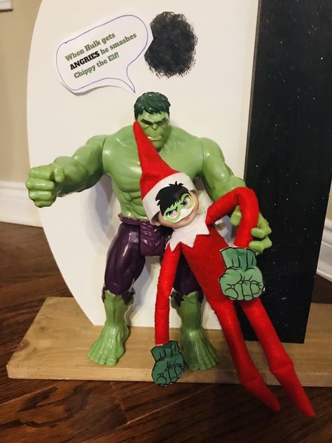 Hulk smash elf! Elf On The Shelf Idea, Hulk Smash, The Elf, On The Shelf, Hulk, Elf On The Shelf, Ronald Mcdonald, Dinosaur Stuffed Animal, Elf